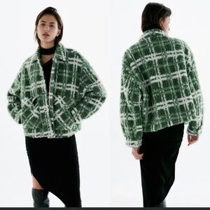 Green Zara Plaid Women's Faux Fur Coat Jacket